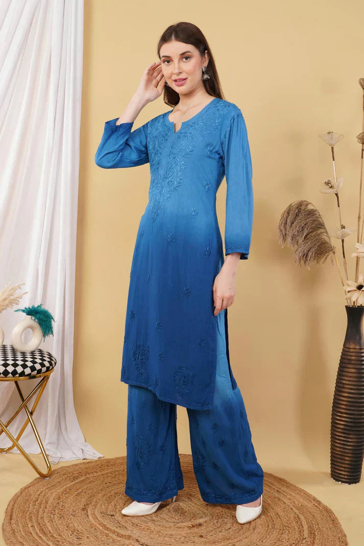 Ombre Dyed Shaded Rayon Chikankari Kurti, Palazzo and Dupatta Set.
