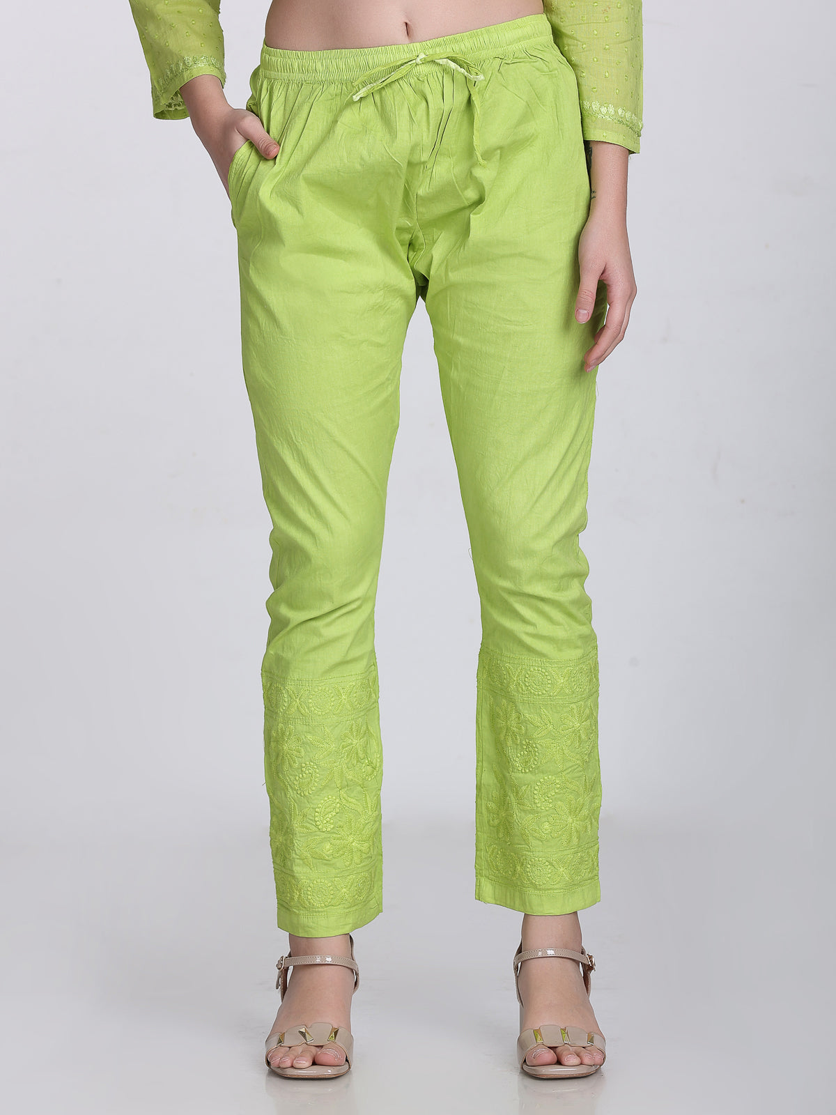 Dyed Cotton Chikankari Kurti & Lycra Pant Set, Pockets Both Side of the Pant