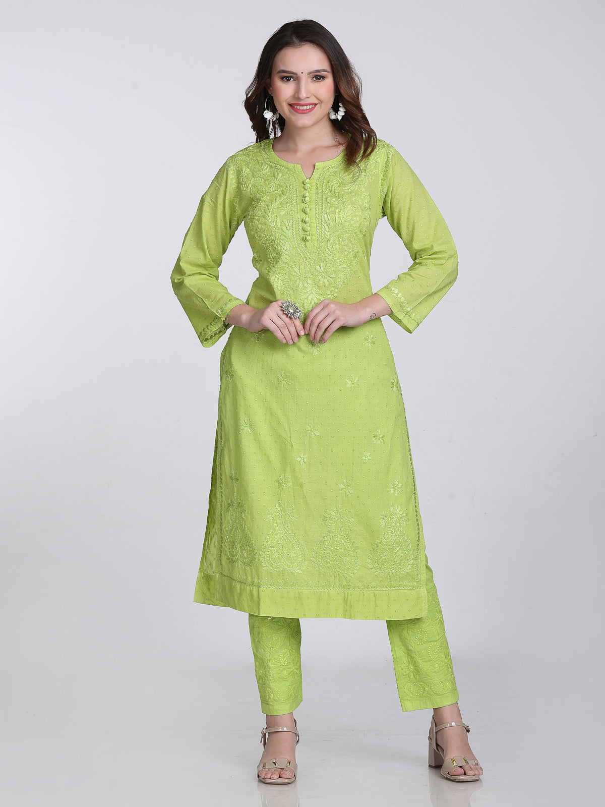 Dyed Cotton Chikankari Kurti & Lycra Pant Set, Pockets Both Side of the Pant