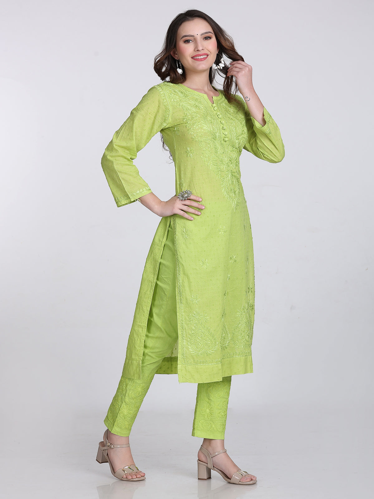 Dyed Cotton Chikankari Kurti & Lycra Pant Set, Pockets Both Side of the Pant