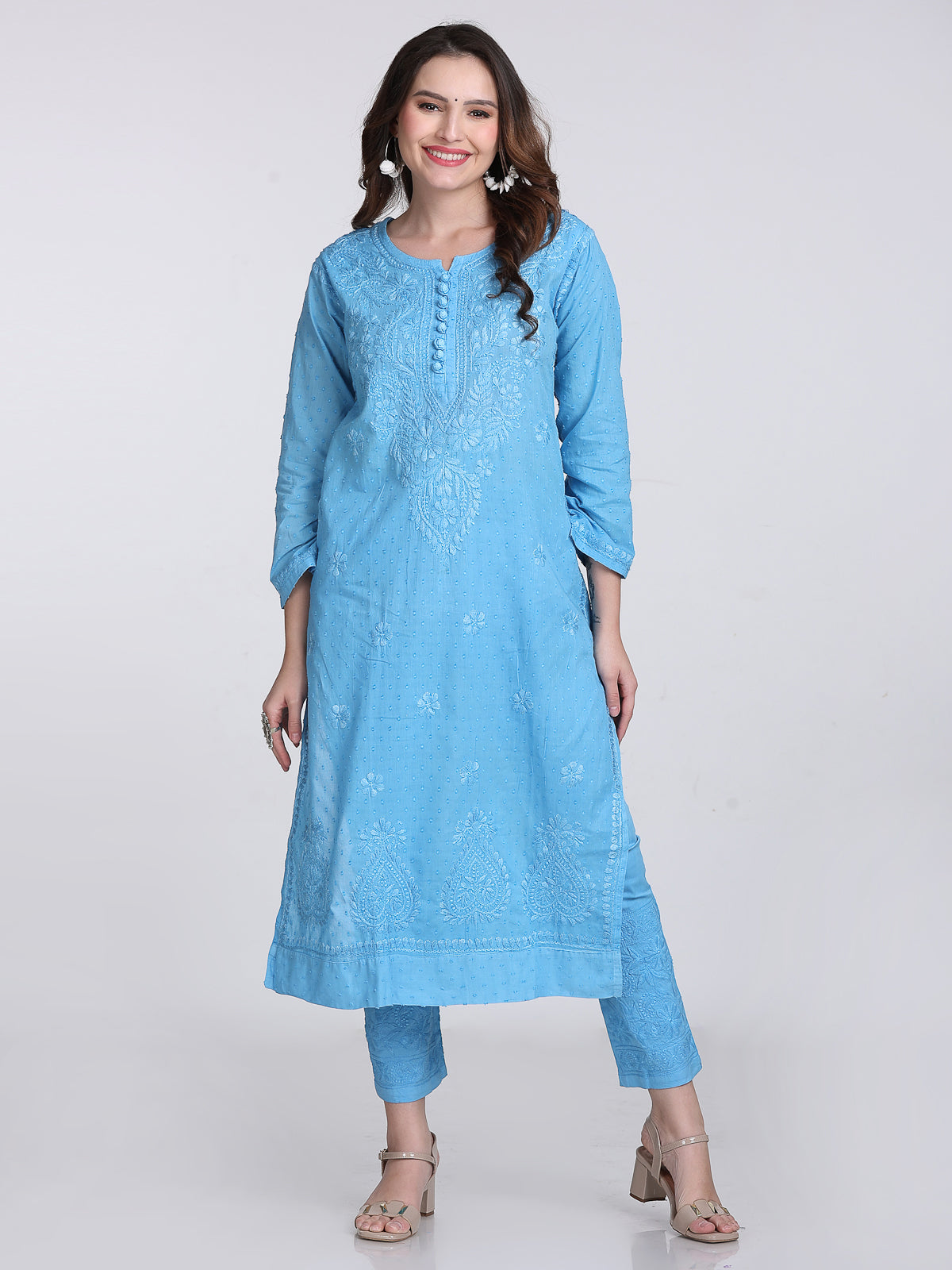 Dyed Cotton Chikankari Kurti & Lycra Pant Set, Pockets Both Side of the Pant