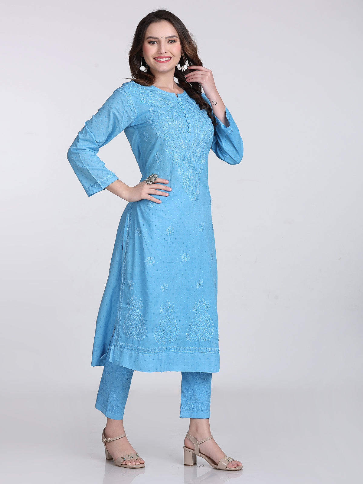 Dyed Cotton Chikankari Kurti & Lycra Pant Set, Pockets Both Side of the Pant