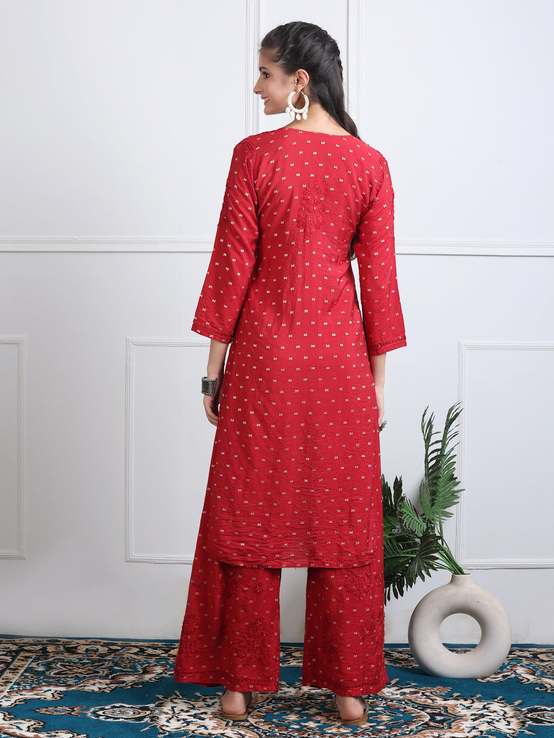 Women's Premium Dyed Chanderi Silk Chikankari Kurti and Palazzo Set