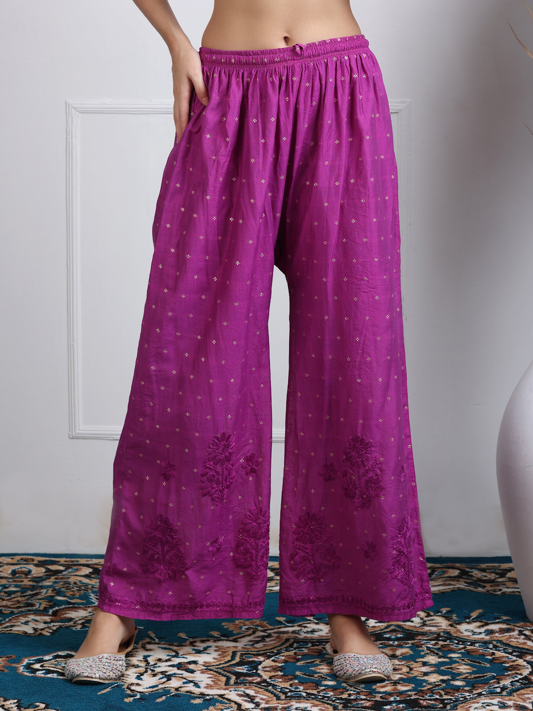Women's Premium Dyed Chanderi Silk Chikankari Kurti and Palazzo Set