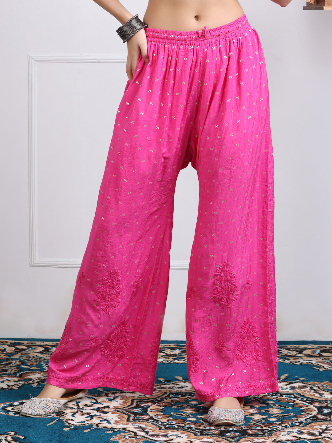Women's Premium Dyed Chanderi Silk Chikankari Kurti and Palazzo Set