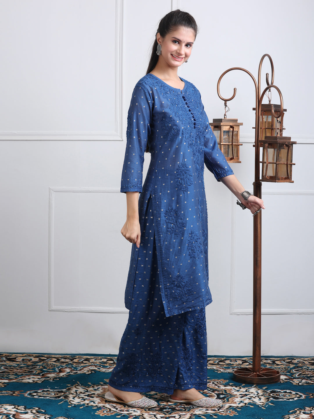 Women's Premium Dyed Chanderi Silk Chikankari Kurti and Palazzo Set