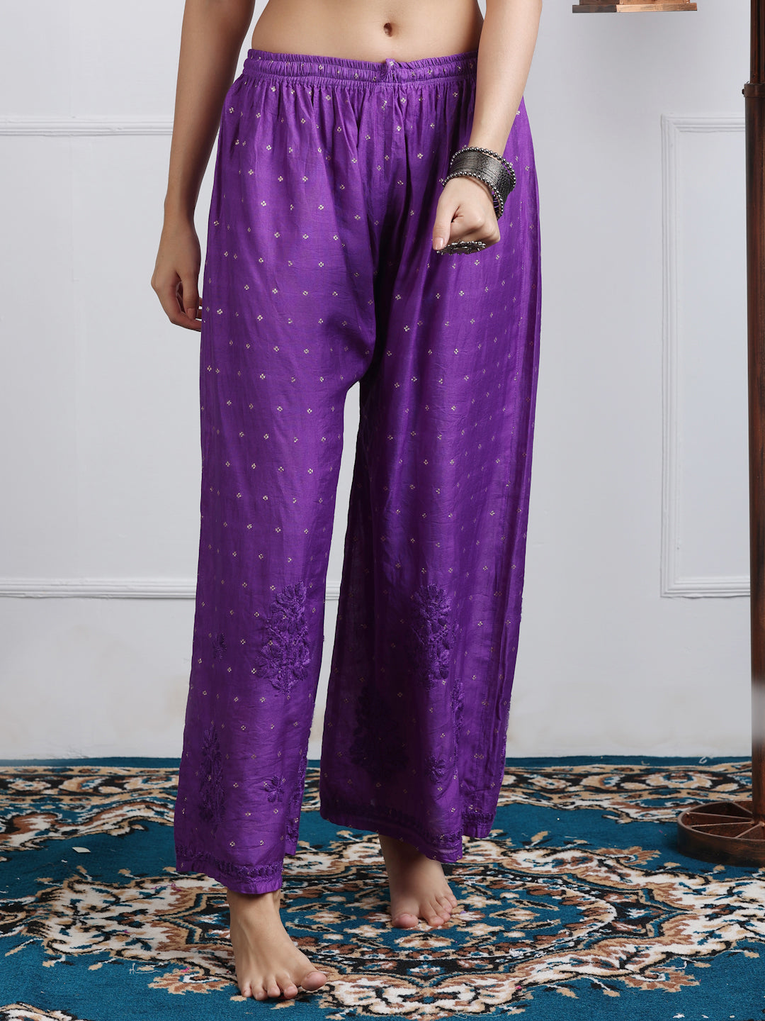 Women's Premium Dyed Chanderi Silk Chikankari Kurti and Palazzo Set