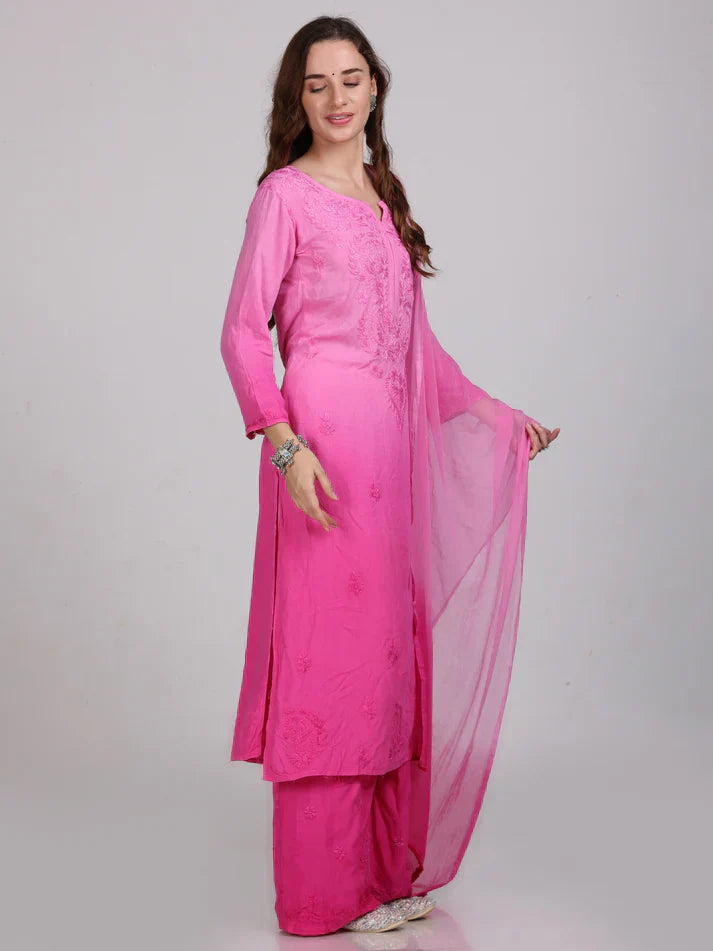 Ombre Dyed Shaded Rayon Chikankari Kurti, Palazzo and Dupatta Set.