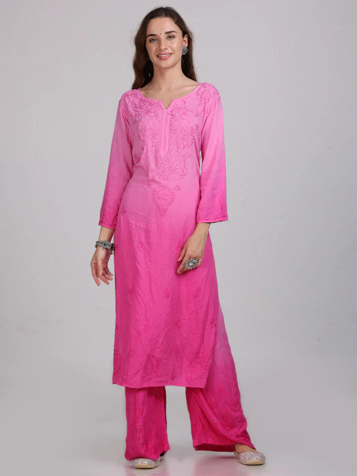 Ombre Dyed Shaded Rayon Chikankari Kurti, Palazzo and Dupatta Set.