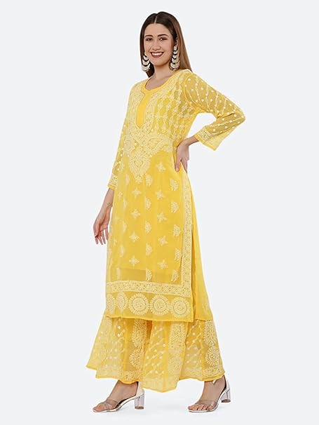 Premium Chiffon Georgette Chikankari Handwork Kurti with Sharara & Matching Cotton Inner Set
