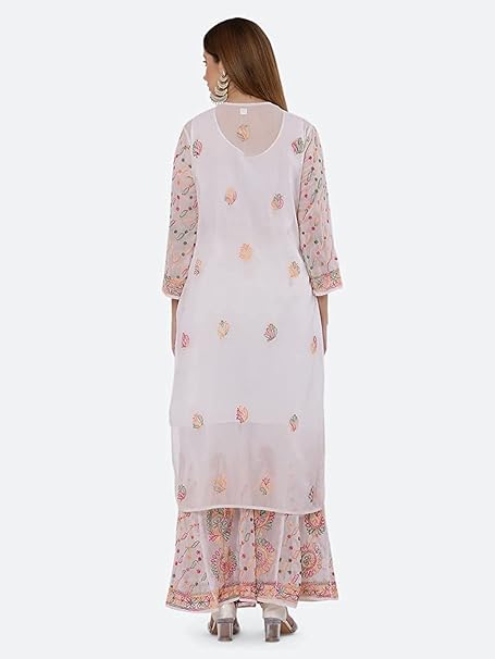 Premium Chiffon Georgette Chikankari Handwork Kurti with Sharara & Matching Cotton Inner Set