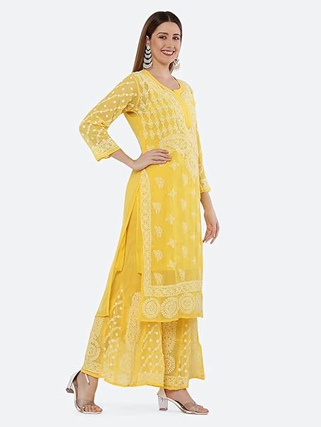 Premium Chiffon Georgette Chikankari Handwork Kurti with Sharara & Matching Cotton Inner Set