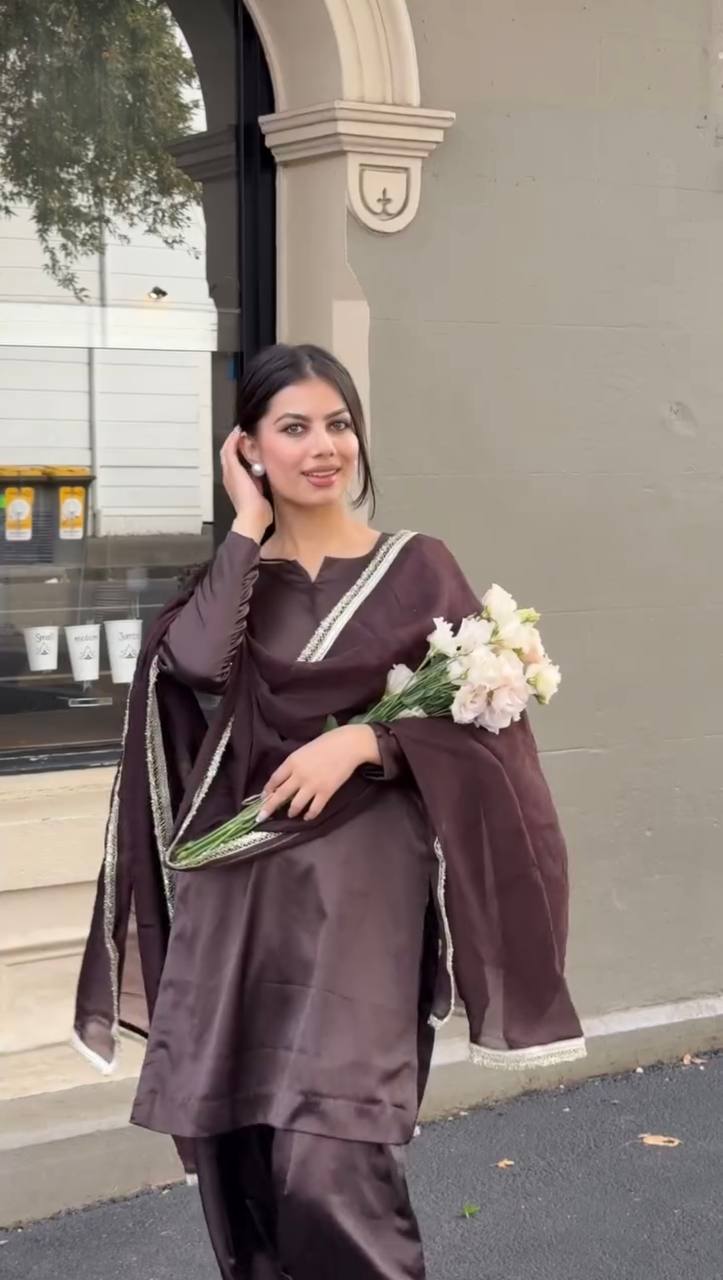 Brown Top-Bottom And Blooming Georgette Dupatta Suit