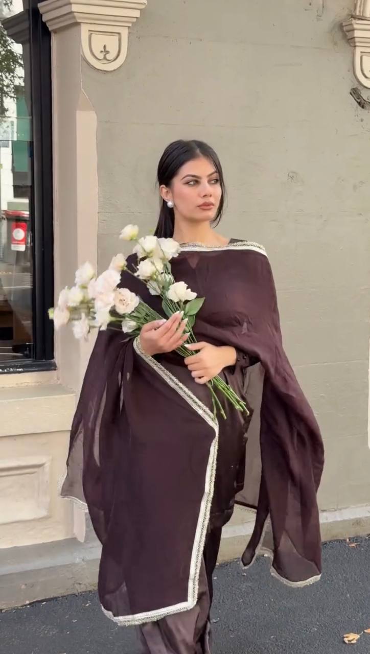 Brown Top-Bottom And Blooming Georgette Dupatta Suit