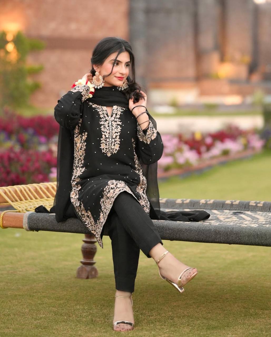 Black Suit Adorned with Golden Embroidery