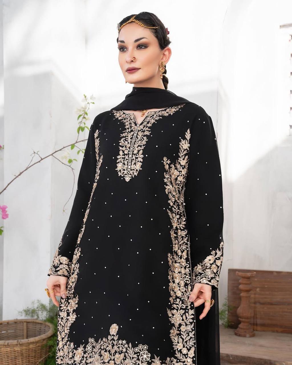 Black Suit Adorned with Golden Embroidery