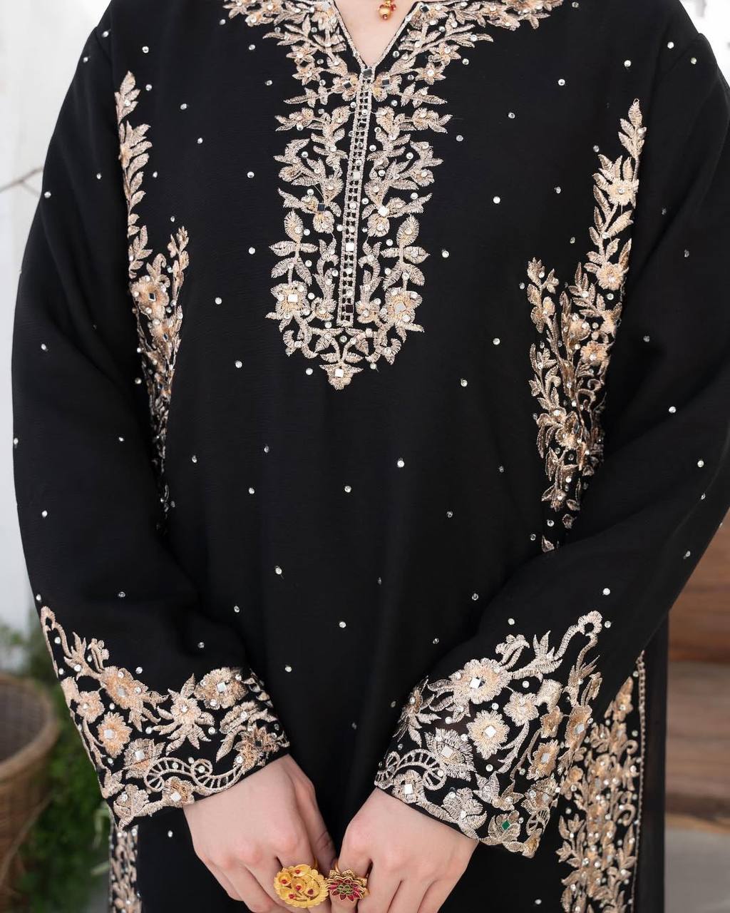 Black Suit Adorned with Golden Embroidery