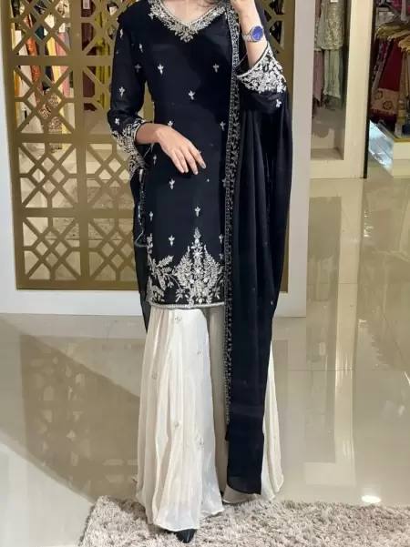 A Showcase of Pakistani Dress Styles in Four Captivating Colors Worn by a Graceful Woman