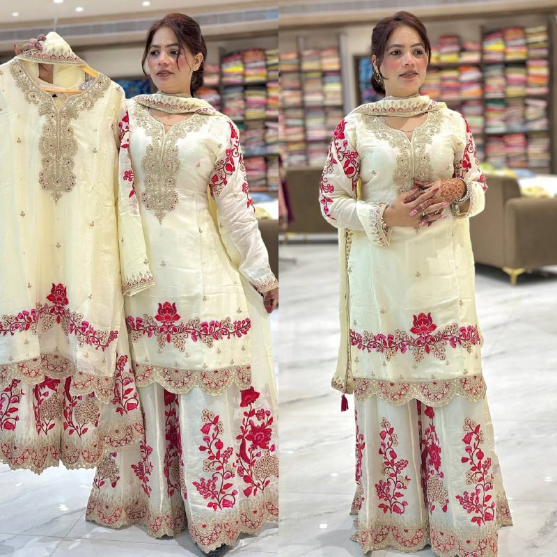 A Fashionable Woman in a White and Pink Suit Ensemble