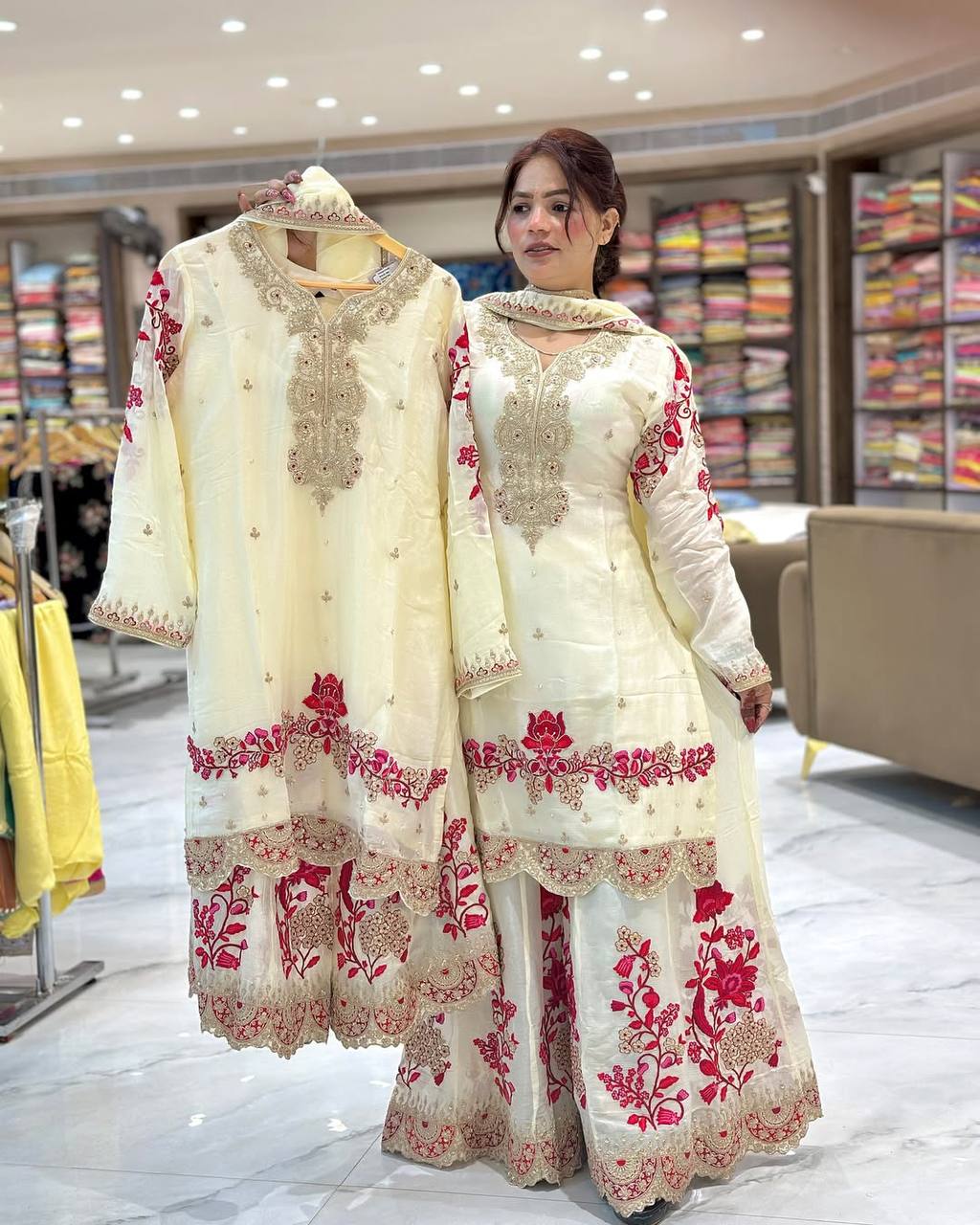 A Fashionable Woman in a White and Pink Suit Ensemble