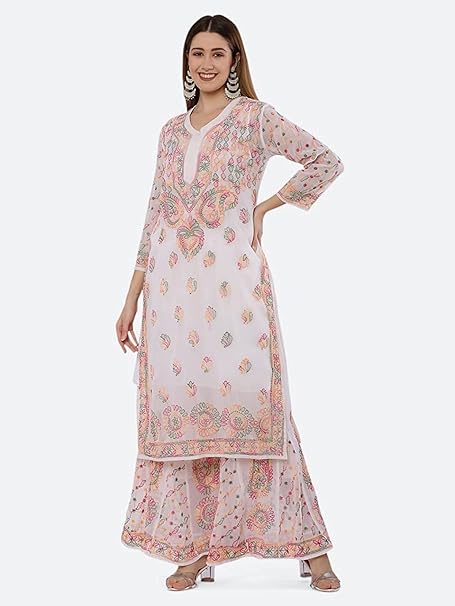 Premium Chiffon Georgette Chikankari Handwork Kurti with Sharara & Matching Cotton Inner Set