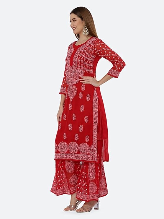 Premium Chiffon Georgette Chikankari Handwork Kurti with Sharara & Matching Cotton Inner Set