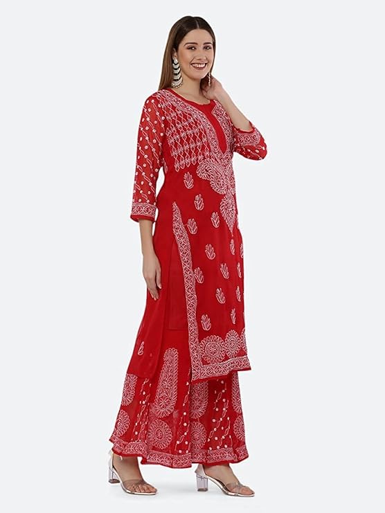 Premium Chiffon Georgette Chikankari Handwork Kurti with Sharara & Matching Cotton Inner Set