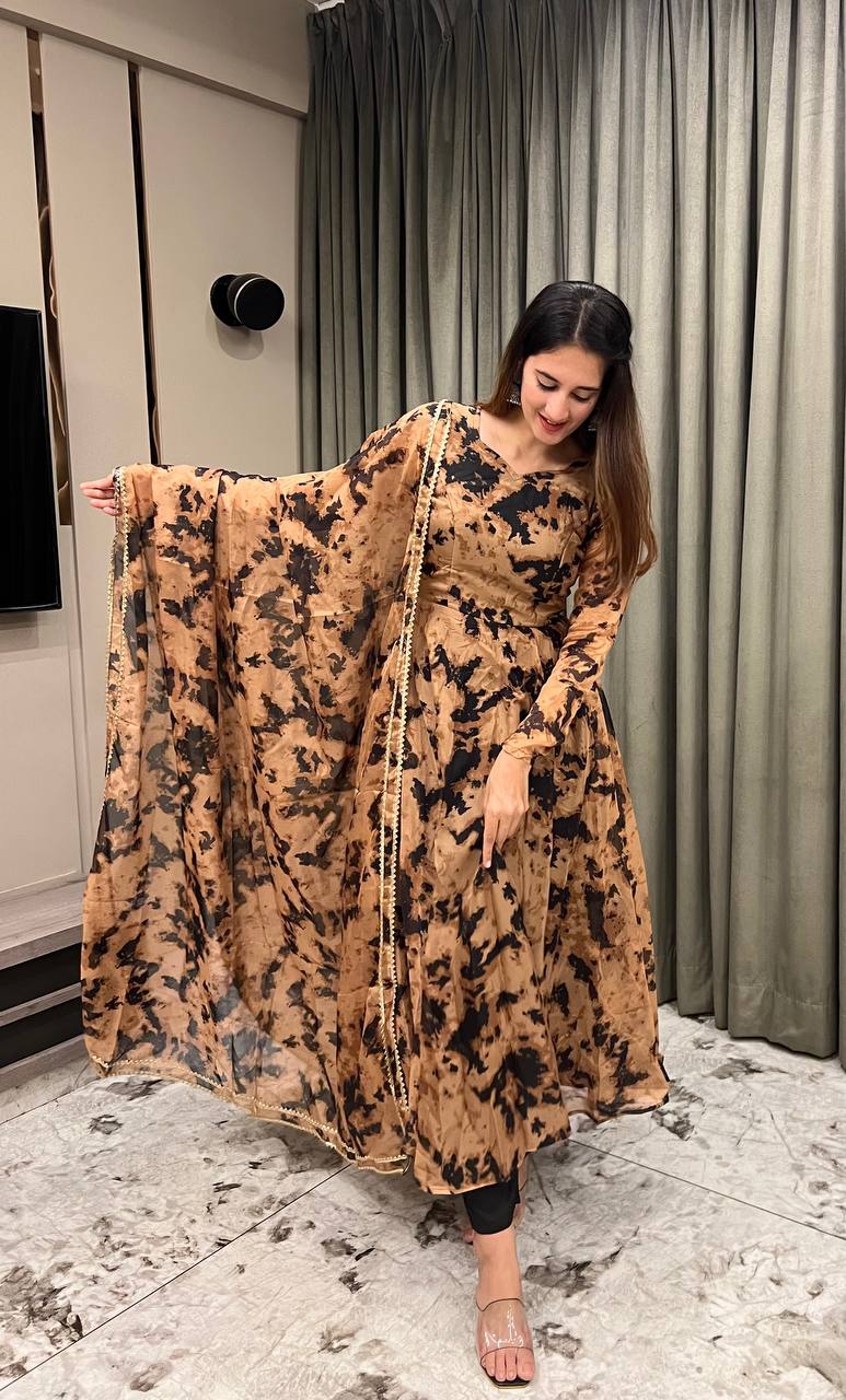 Coffee Printed Anarkali Gown With Pant & Dupatta Set