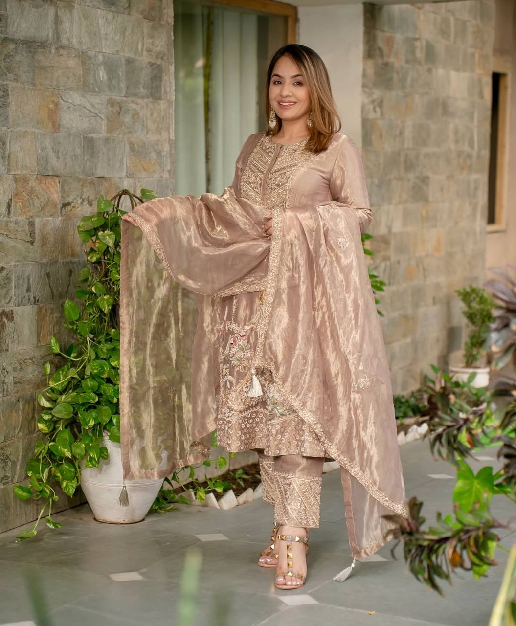 Beige Suit Adorned with Intricate Embroidery and Luxurious Gold
