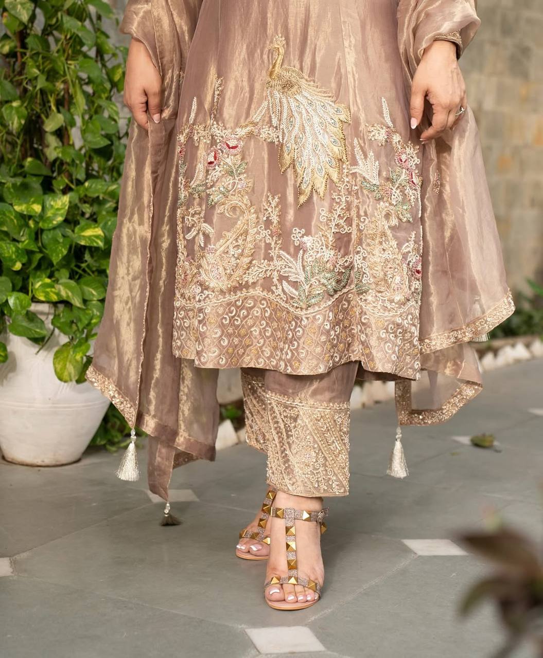 Beige Suit Adorned with Intricate Embroidery and Luxurious Gold