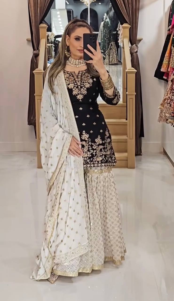Black and Gold Sharara Set with Ivory Accents