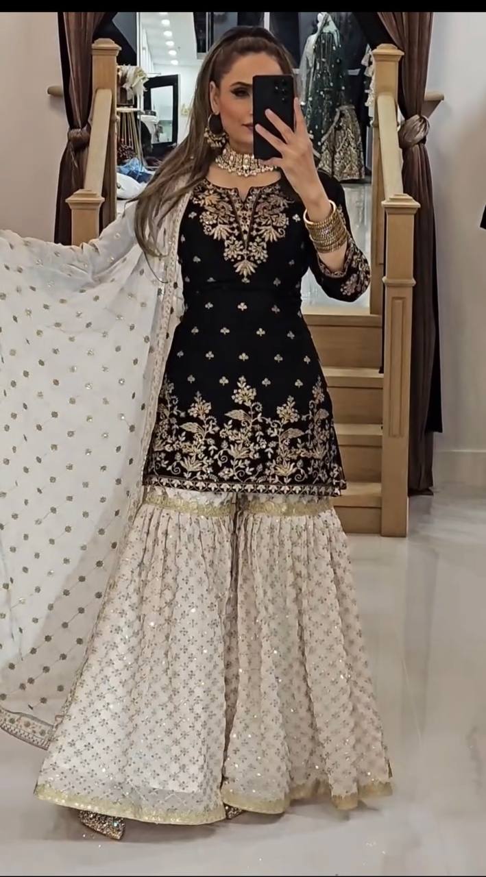 Black and Gold Sharara Set with Ivory Accents