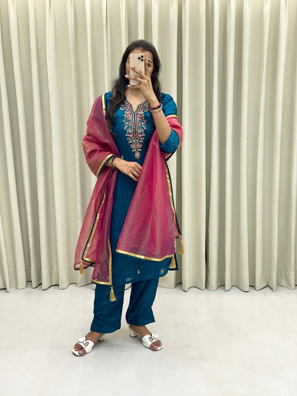 DESIGNER WEAR HEAVY FENDI SILK TOP AND PANT WITH DUPATTA