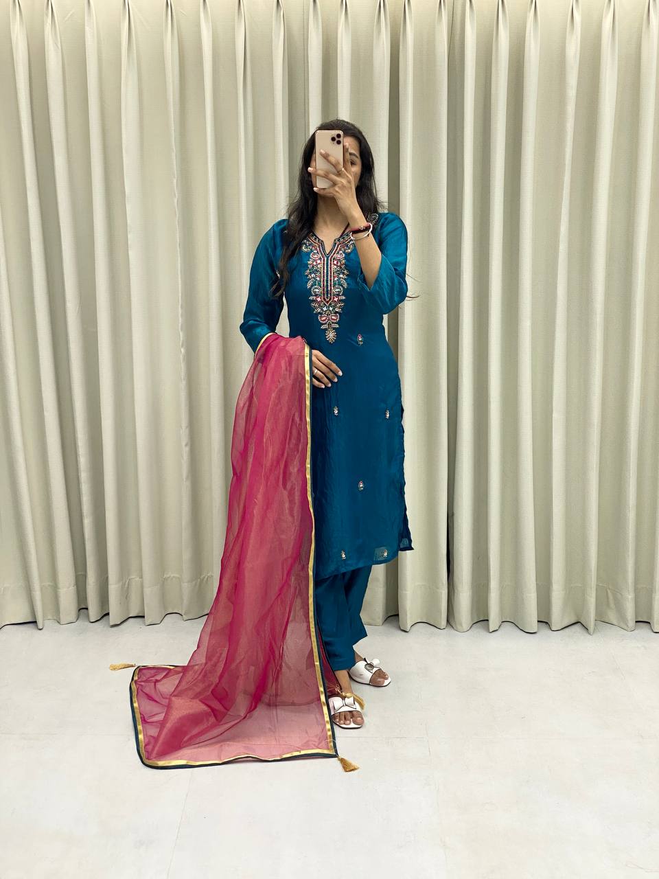 DESIGNER WEAR HEAVY FENDI SILK TOP AND PANT WITH DUPATTA