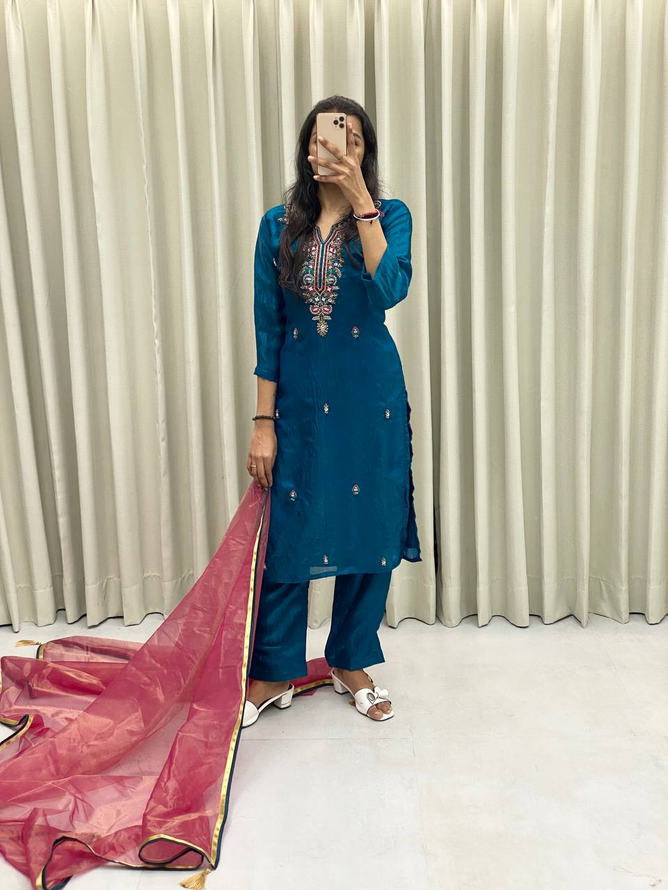 DESIGNER WEAR HEAVY FENDI SILK TOP AND PANT WITH DUPATTA