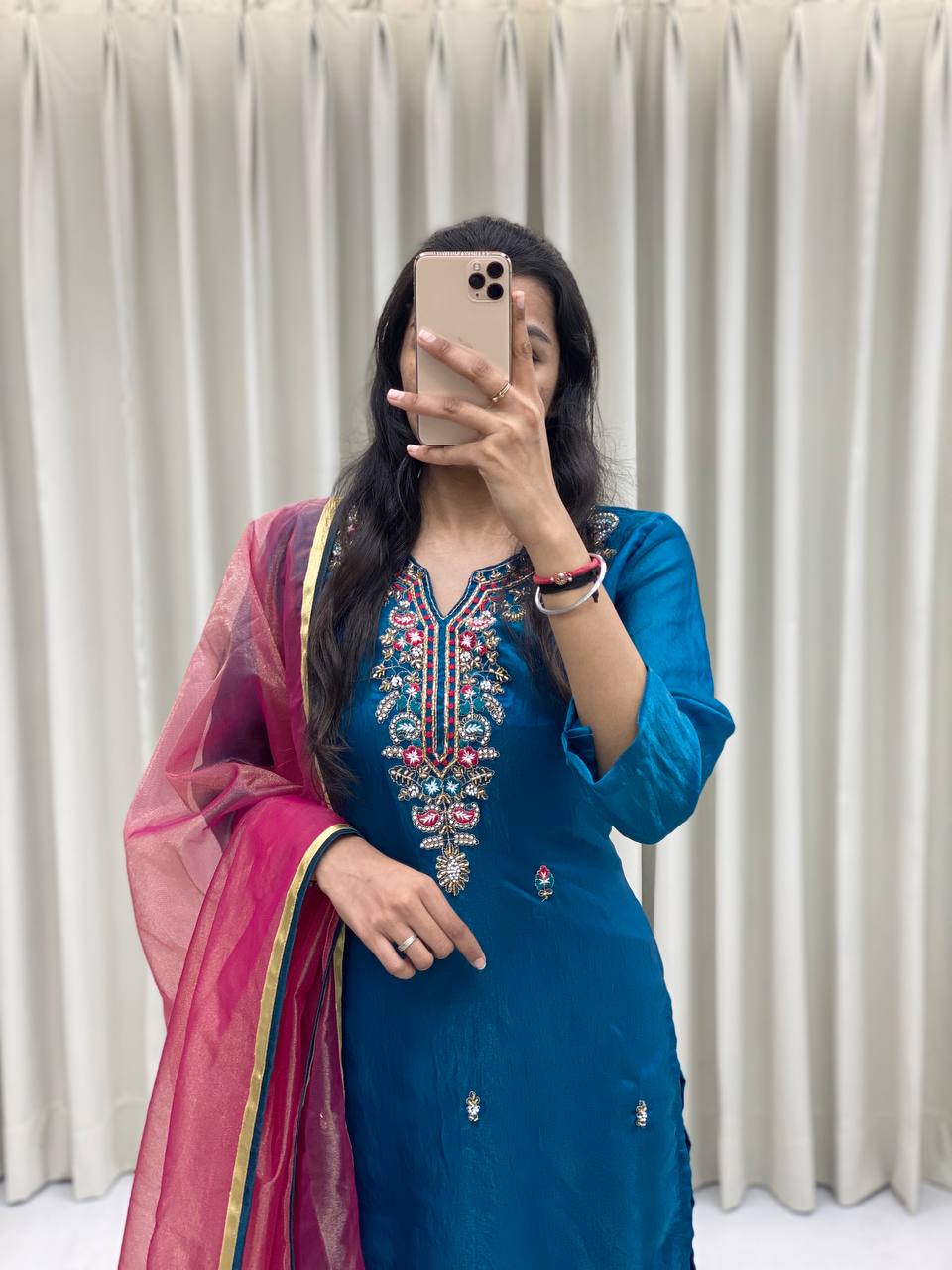 DESIGNER WEAR HEAVY FENDI SILK TOP AND PANT WITH DUPATTA