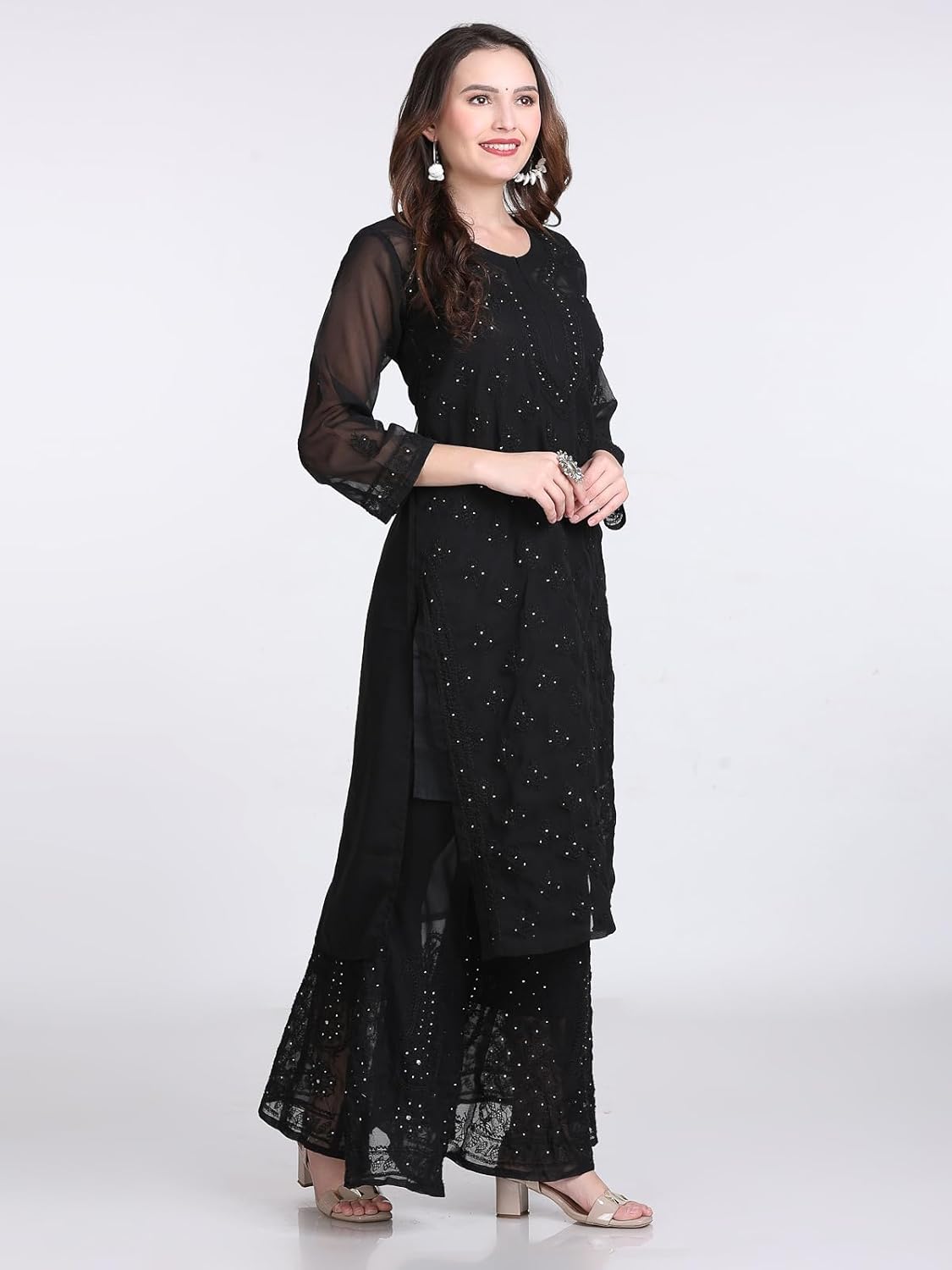 Chiffon Georgette Muquesh Embellishments Straight Kurta, Sharara & Dupatta Set With Matching Cotton inner