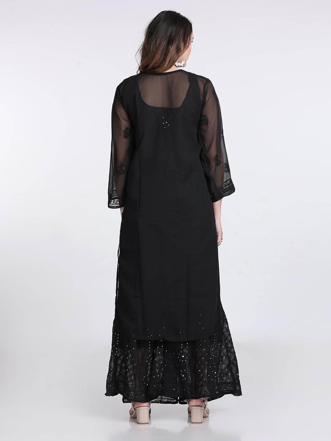Chiffon Georgette Muquesh Embellishments Straight Kurta, Sharara & Dupatta Set With Matching Cotton inner