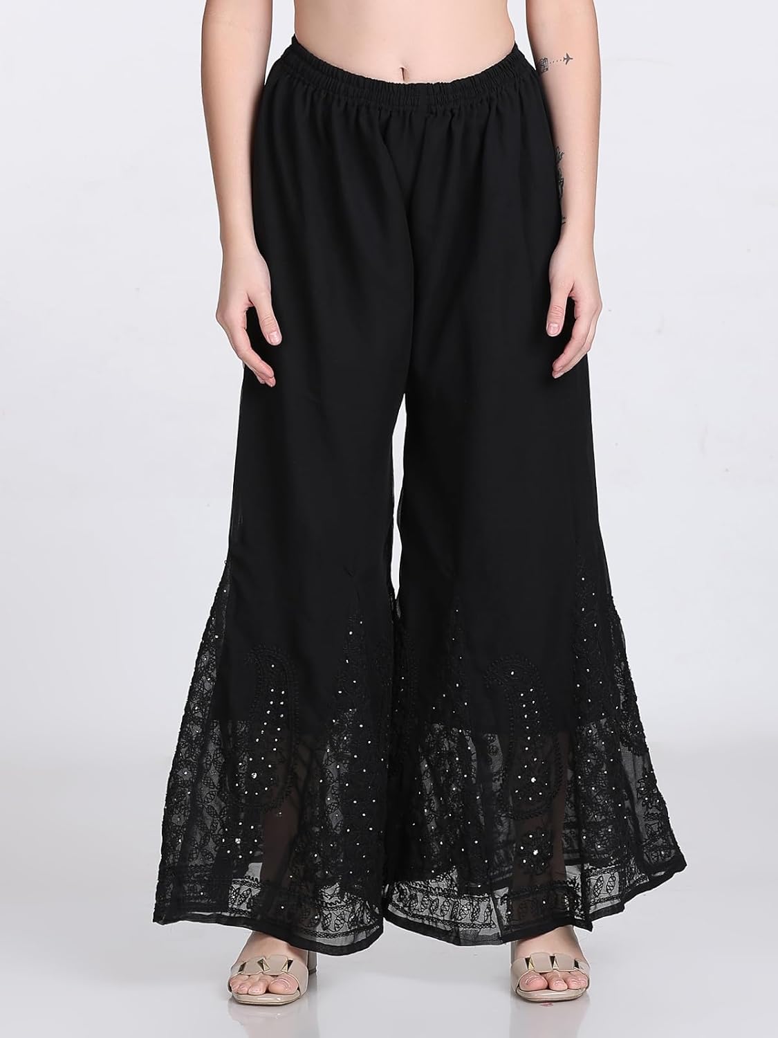 Chiffon Georgette Muquesh Embellishments Straight Kurta, Sharara & Dupatta Set With Matching Cotton inner