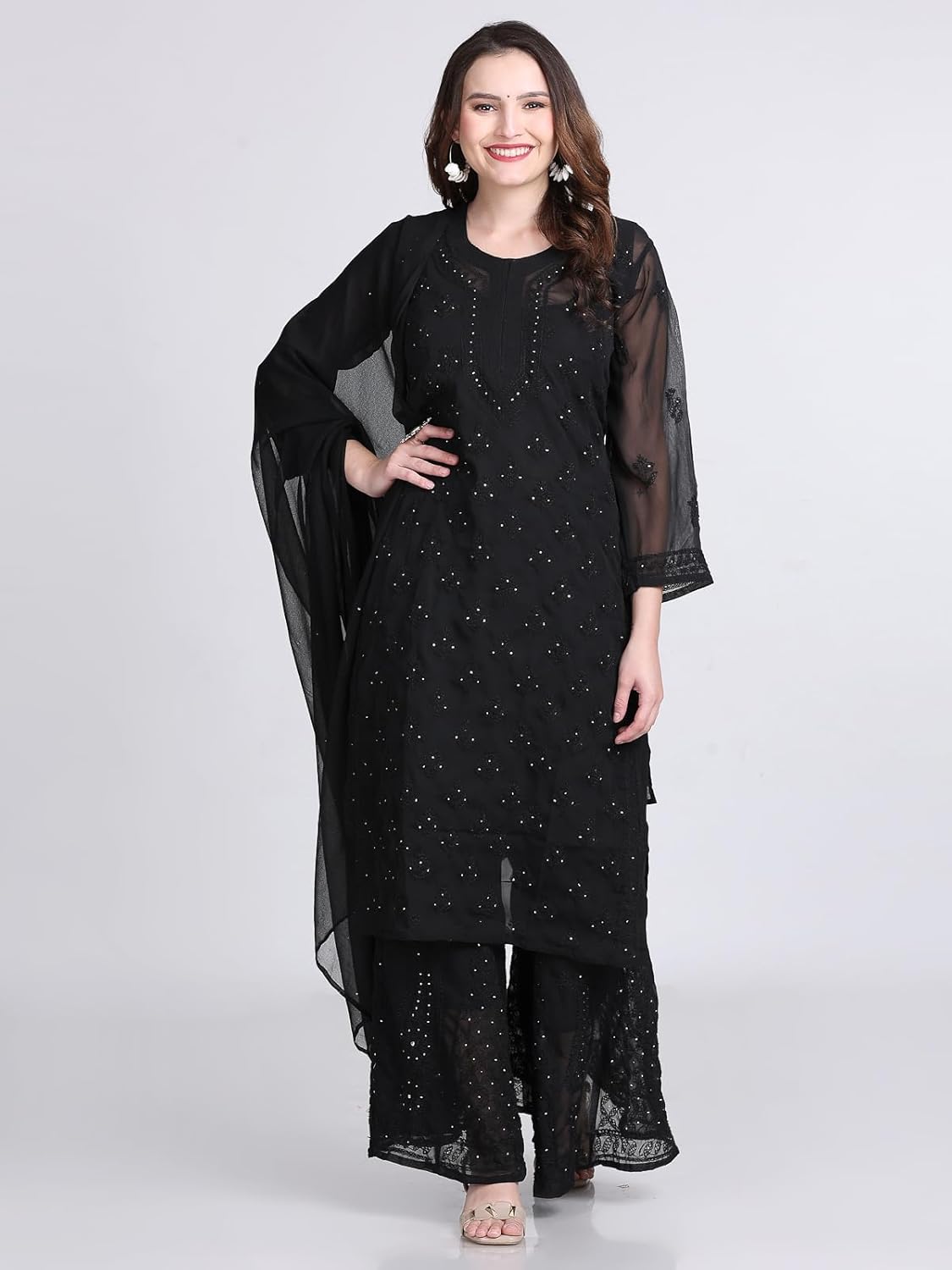 Chiffon Georgette Muquesh Embellishments Straight Kurta, Sharara & Dupatta Set With Matching Cotton inner