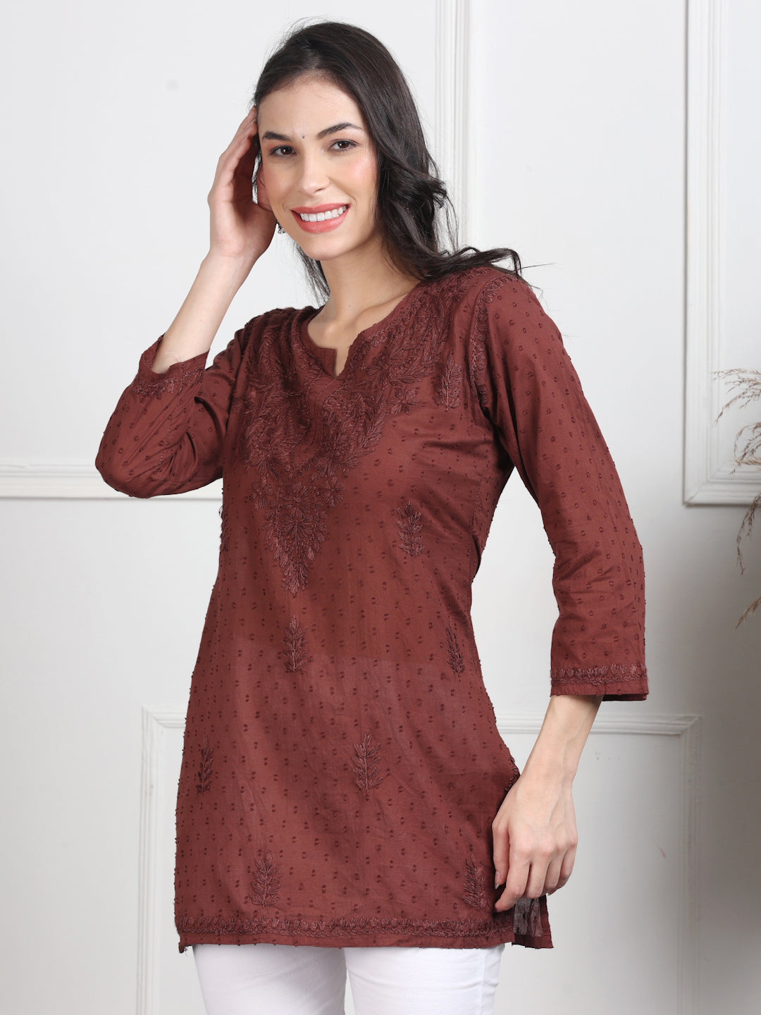 Elegant Women's Dyed Lucknowi Chikankari Short Top – Pure Cotton, Handcrafted Beauty in Stunning Shades