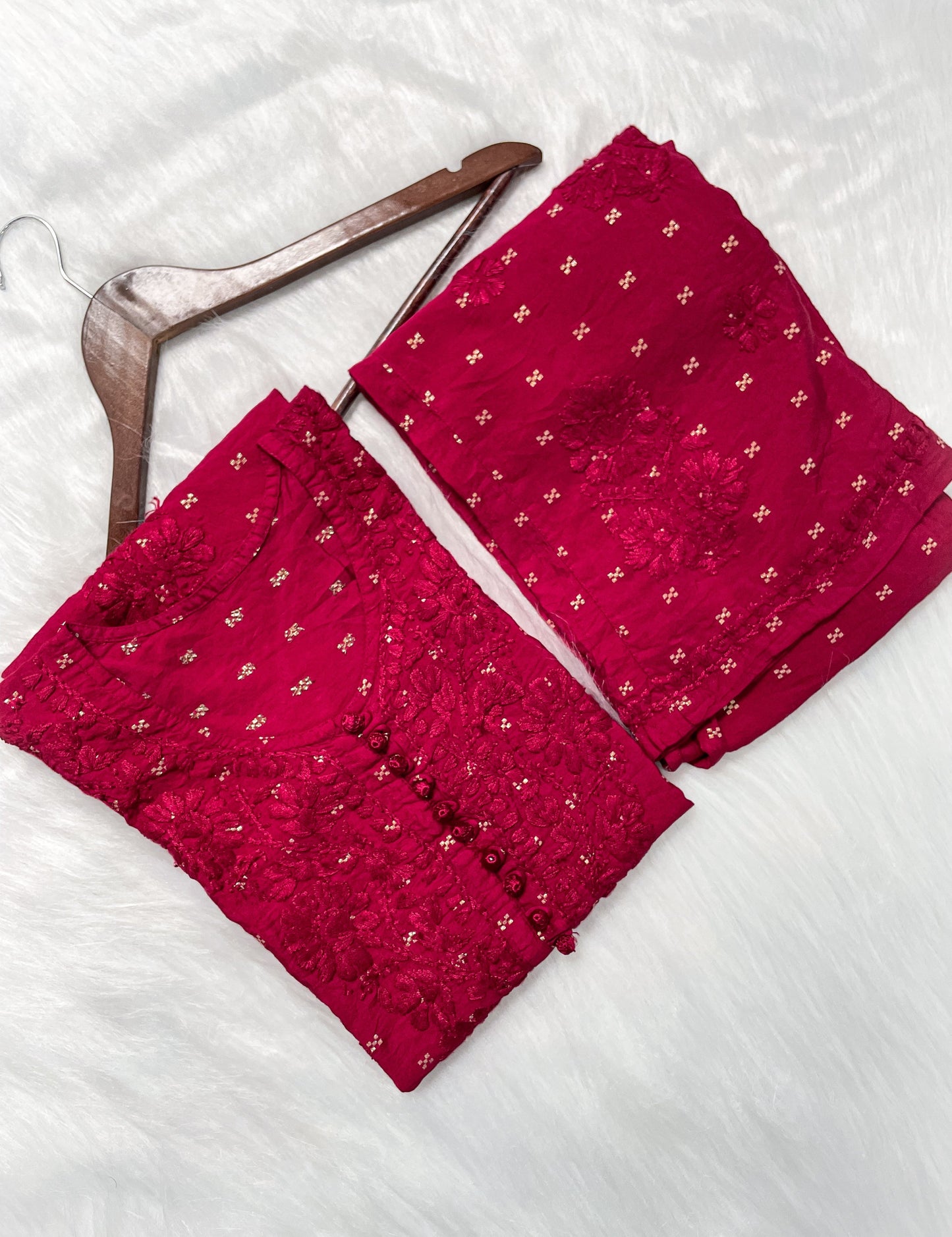 Premium Dyed Chanderi Silk Lucknowi Chikankari Kurti and Palazzo Set for Women