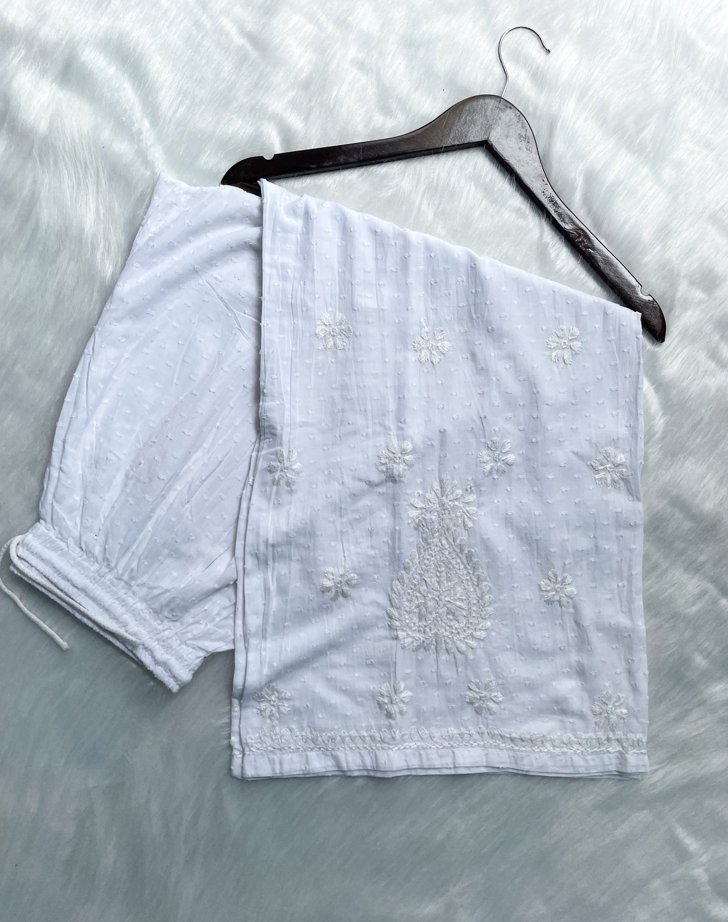 Handcrafted Dyed Lucknowi Chikankari Cotton Kurti, Palazzo & Dupatta Set