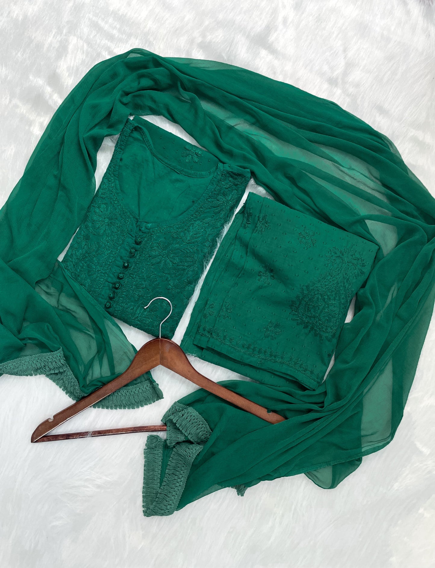 Handcrafted Dyed Lucknowi Chikankari Cotton Kurti, Palazzo & Dupatta Set