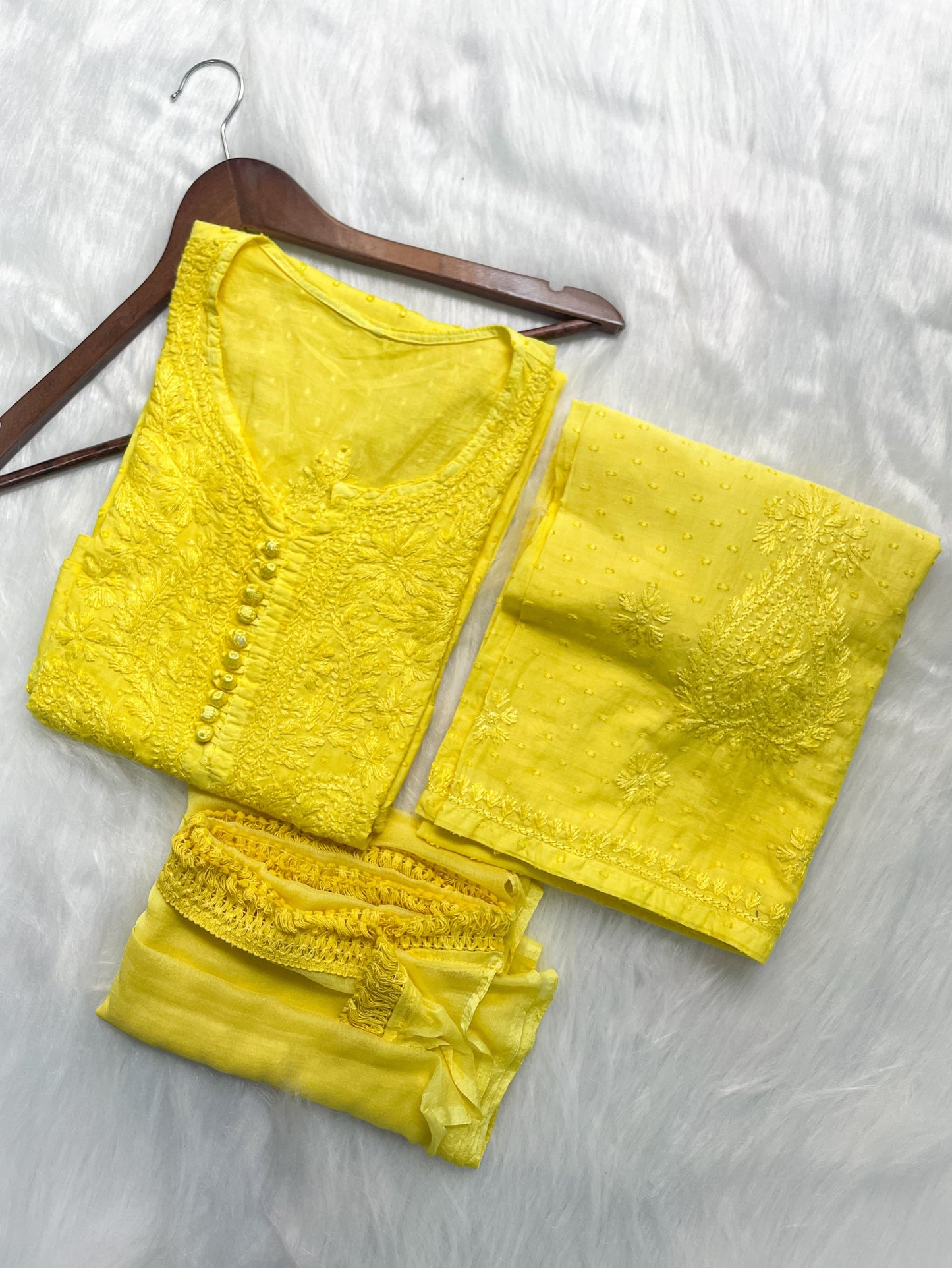 Handcrafted Dyed Lucknowi Chikankari Cotton Kurti, Palazzo & Dupatta Set