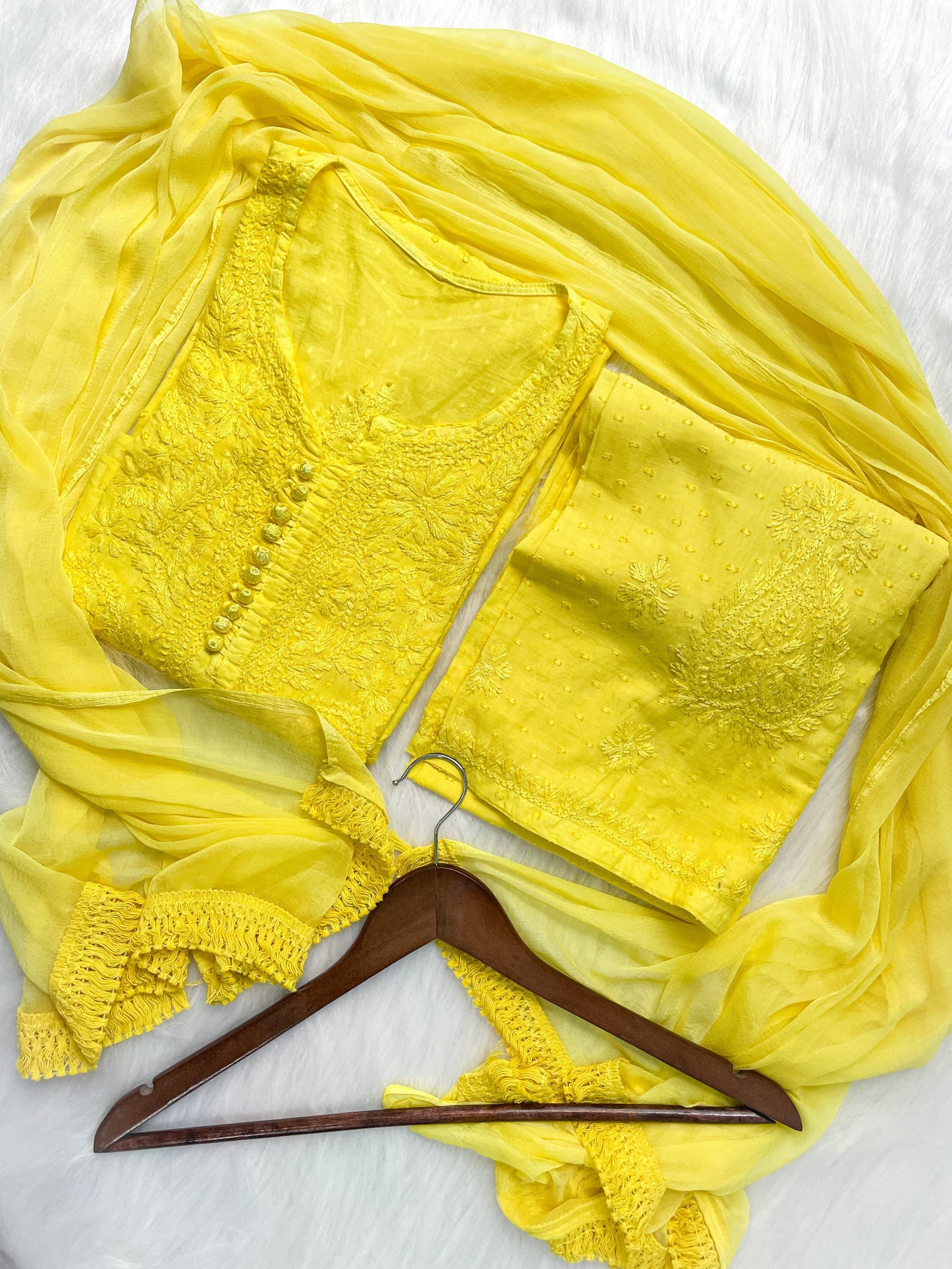 Handcrafted Dyed Lucknowi Chikankari Cotton Kurti, Palazzo & Dupatta Set
