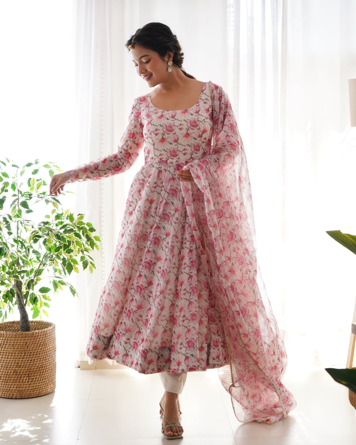 Pink Fulwari Organza Printed Anarkali Kurti With Pant & Dupatta Set