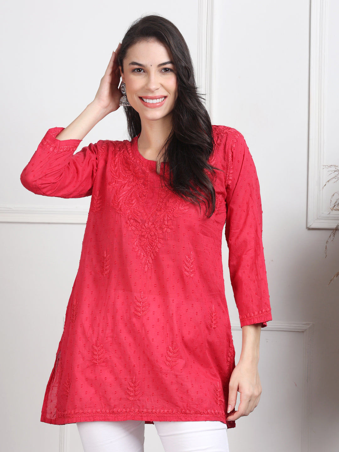 Elegant Women's Dyed Lucknowi Chikankari Short Top – Pure Cotton, Handcrafted Beauty in Stunning Shades