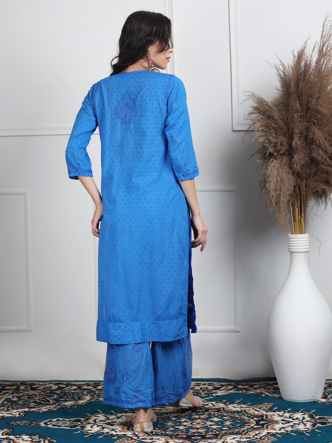 Women’s Dyed Lucknowi Chikankari Cotton Kurti, Palazzo & Dupatta Set