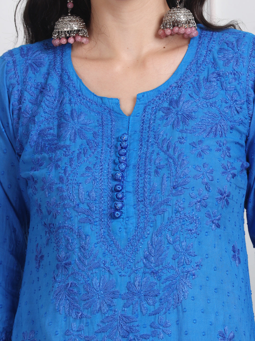 Women’s Dyed Lucknowi Chikankari Cotton Kurti, Palazzo & Dupatta Set